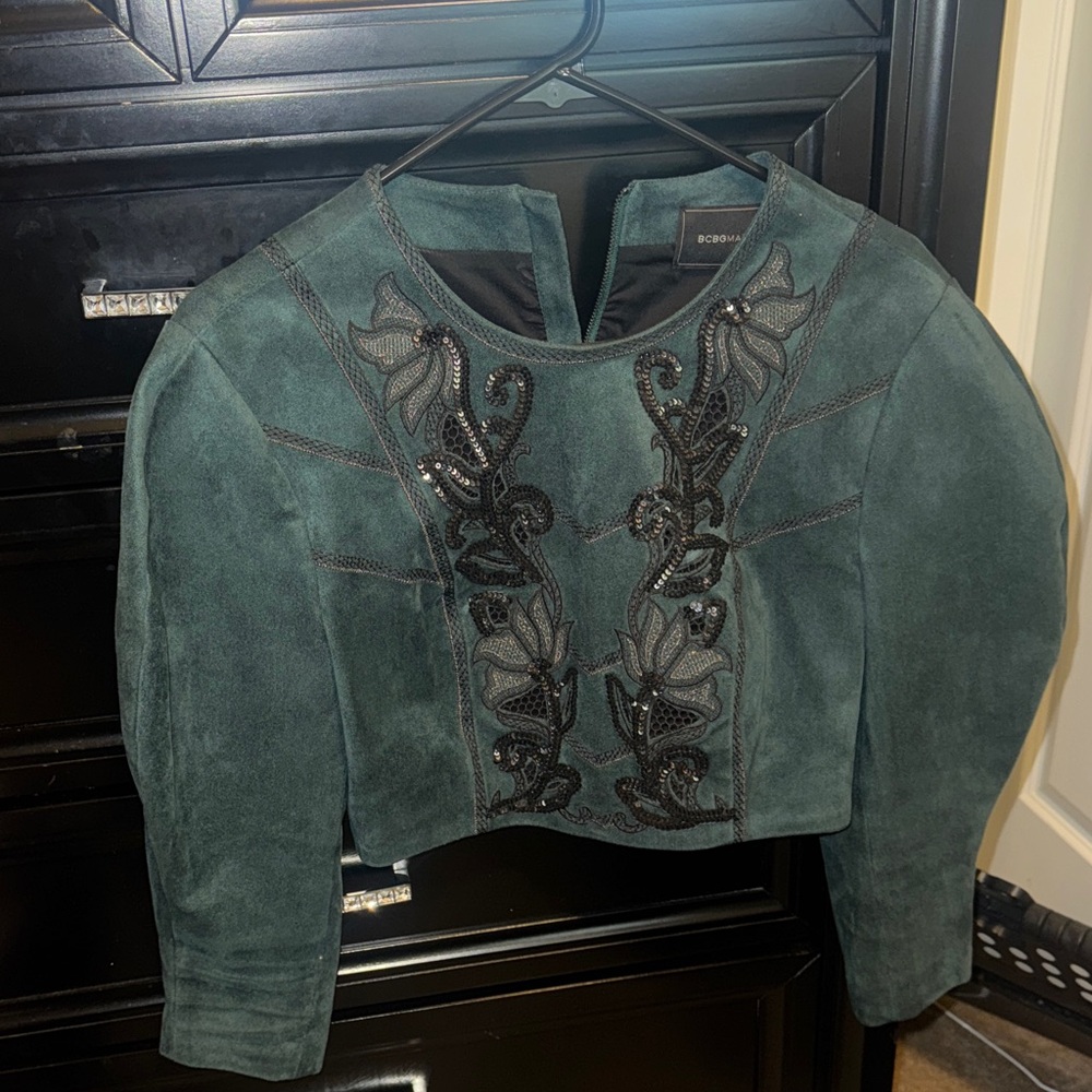 BCBGMaxAzria Teal Suede Jacket with Black Embroidery